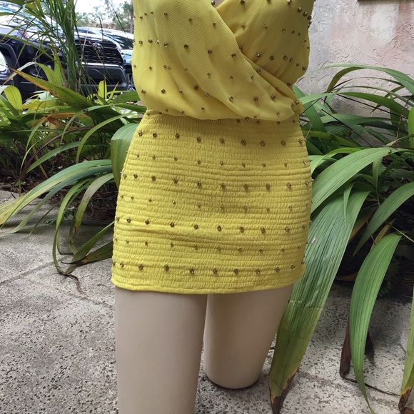 Retrofete Dresses & Skirts - Retrofete Yellow Embellished Mini Skirt